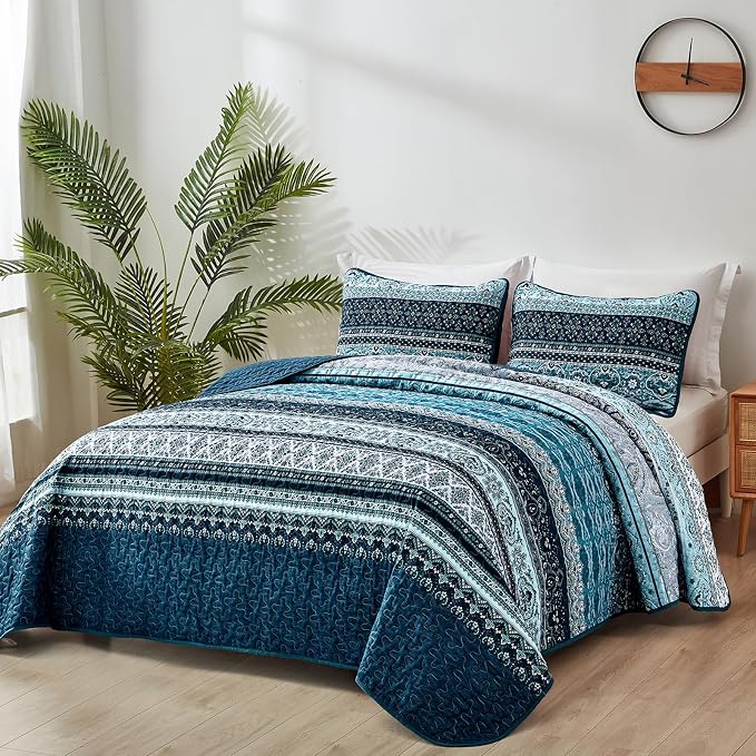 WONGS BEDDING Boho King Quilt Set, Lightweight Microfiber Bed Decor Bedspread - Image 2