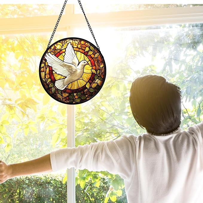 DASTOLL Stained Glass Window Hanging, Flying White Dove Sun Catchers Diamond - Image 2