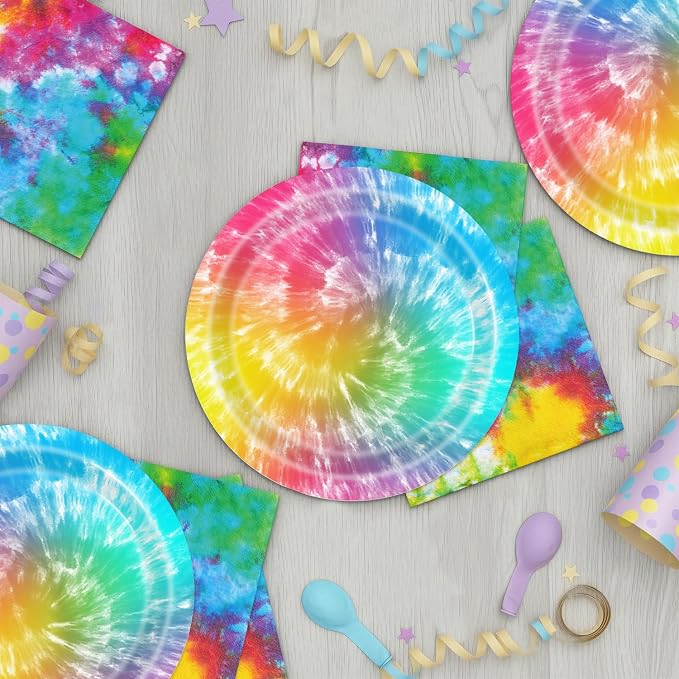 40Pcs Tie Dye Birthday Party Decorations Hippie Rainbow BirthdayPlates and - Image 6