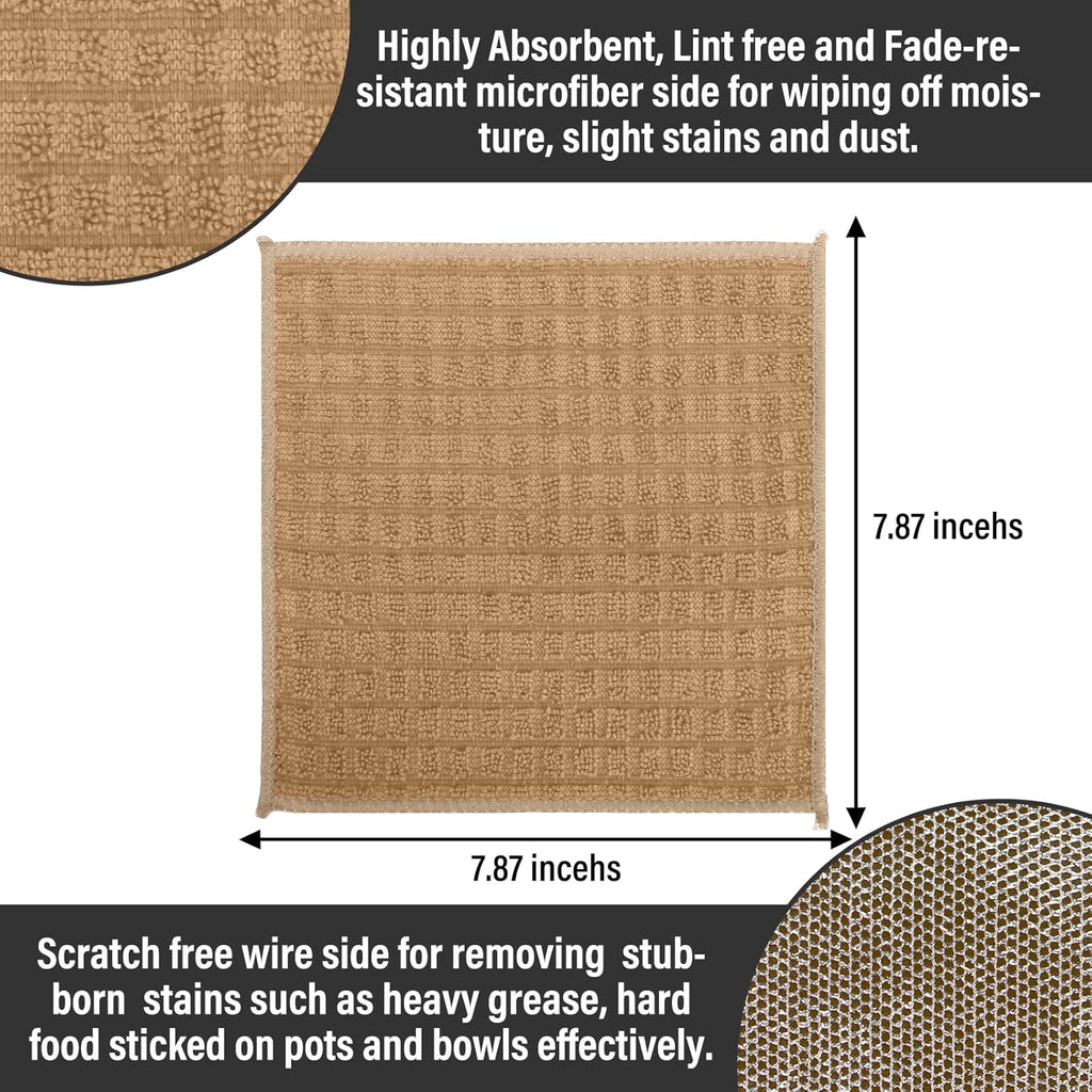 Dish Rags for Washing Dishes 8 Pack Multipurpose Wire Miracle Cleaning Coths Non-Scratch Wire Dishwashing Rag Lint Free Microfiber Cleaning Cloth for Kitchen Windows (Khaki)