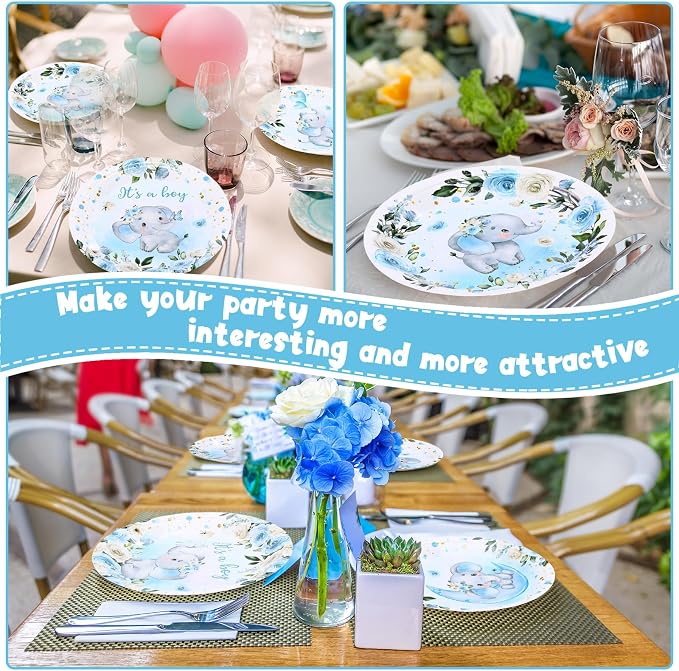 Funnymoom 60 Pcs 7 Inch Elephant Baby Shower Paper Plates It's a Boy Shower - Image 6
