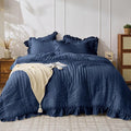 JOLLYVOGUE Navy Blue Queen Comforter Set, 3 Pieces Seersucker Comforters Queen by JOLLYVOGUE