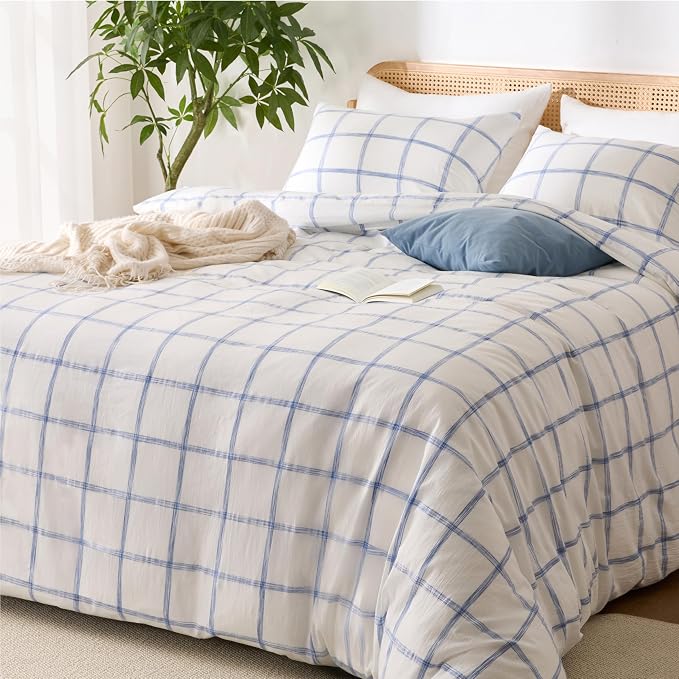 Blue Plaid Twin Duvet Cover, 100% Soft Washed Cotton Twin Size Duvet Cover Set - Image 2
