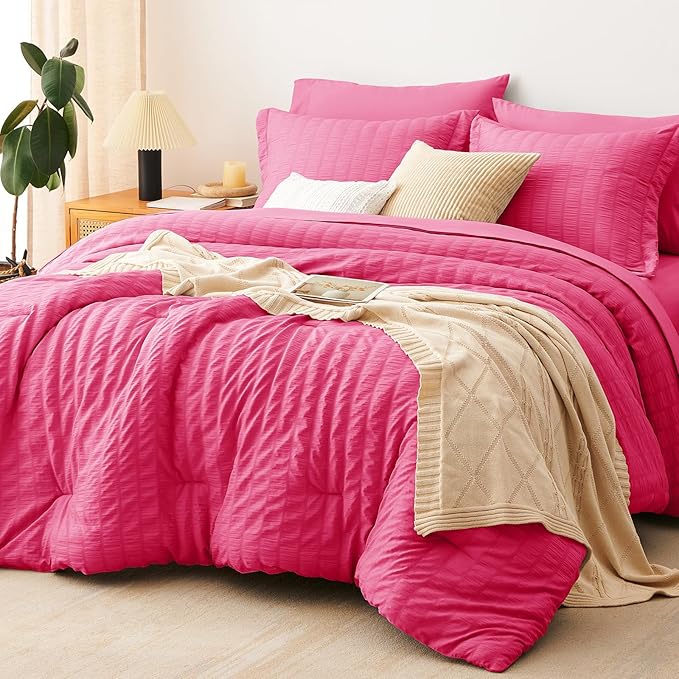 CozyLux Queen Comforter Set Hot Pink Seersucker 7 Pieces Bed in a Bag Queen by CozyLux