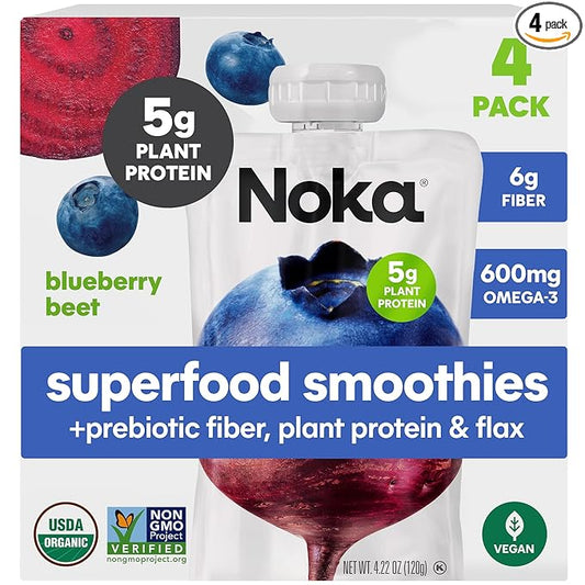 Noka Superfood Smoothie Pouches (Blueberry Beet) 4 Pack, with Plant Protein, Prebiotic Fiber & Flax Seed, Organic, Gluten Free, Vegan, Healthy Fruit Squeeze Snack Pack, 4.22oz Each