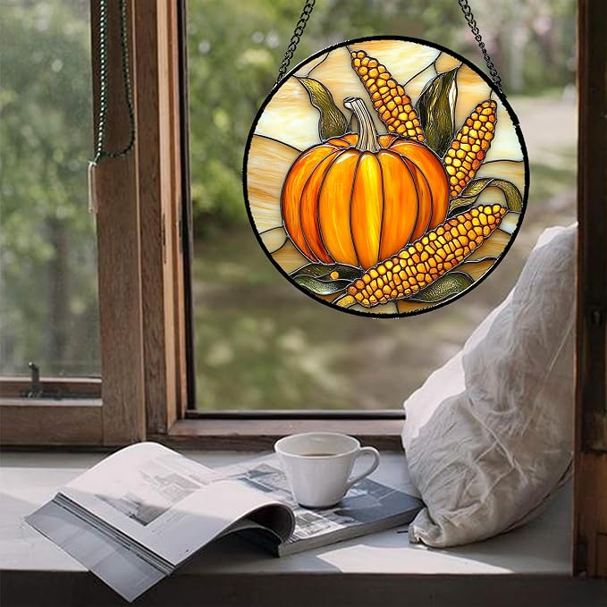 DASTOLL Stained Glass Window Hanging Autumn Harvest Pumpkin Corn 6.3" - Image 5