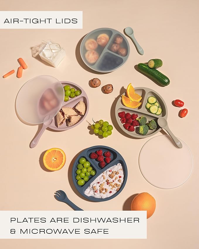 Hippypotamus Toddler Plates with Suction - 100% Food-Grade Silicone Baby Plates with Lids - Microwave & Dishwasher Safe - BPA Free - Set of 3 (Pink/Mint/Lavender with LIDS)
