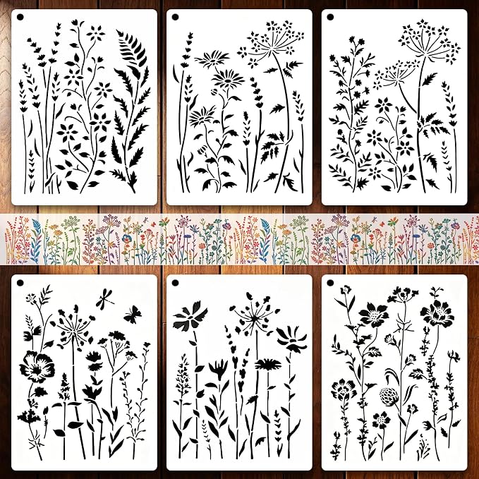 6 PCS Wildflower Stencils for Painting, Reusable Large Floral for Crafts | by UpChoNice