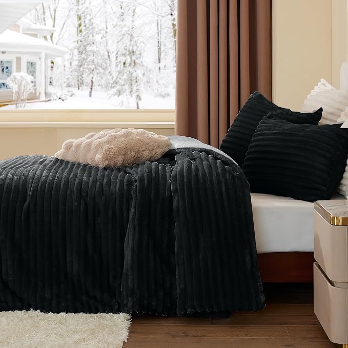 BEDELITE Fleece Full Comforter Set -Super Soft & Warm Fluffy Black Bedding - Image 4