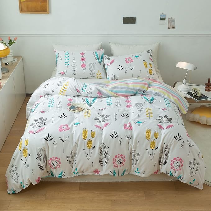 mixinni Flowers Duvet Cover for Teenage Girls Queen Size Floral Leaf Printed by mixinni