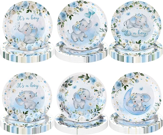 Funnymoom 60 Pcs 7 Inch Elephant Baby Shower Paper Plates It's a Boy Shower by Funnymoom