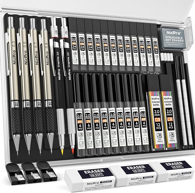 Nicpro 37PCS Art Mechanical Pencil Set, 0.5 mm, 0.7 mm, 0.9 mm & 2PCS 2mm Lead by Nicpro