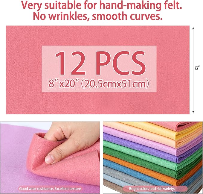 HaoFeiJH 12 Rolls 8"x20" 1.4mm Thick Soft Felt Fabric Sheets – 12 Assorted - Image 3