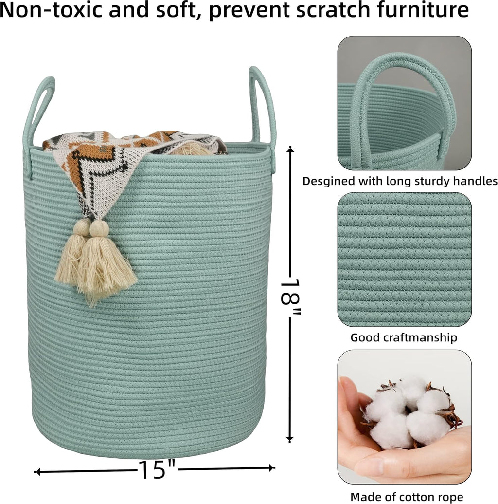 Cotton Rope Laundry Basket Hamper for Clothes Woven Storage Basket for Living Room Bedroom Boho Tall Rope Baskets for Blanket Toys Pillow Towels Baby Nursery Hamper Bin Large light green