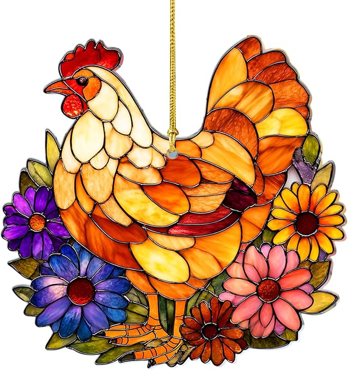 2D Flat Faux Stained Glass Chicken Acrylic Christmas Ornament, Hen Ornaments by Unknown