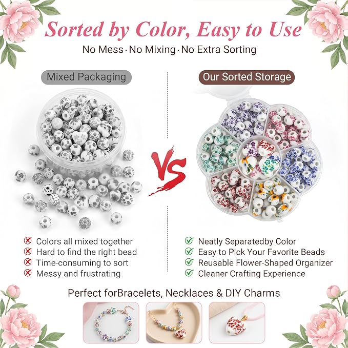 Ceramic Beads, Heart Beads, Round Porcelain Beads 8 mm Multicolor Flower - Image 3