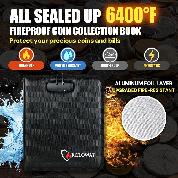 ROLOWAY Coin Collection Book 6400℉ Heat Insulated, 346 Pockets Fireproof Coin - Image 2