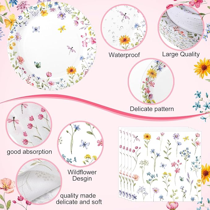 Pickmesh 400 Pcs Wildflower Party Supplies Floral Baby in Bloom Tableware - Image 3