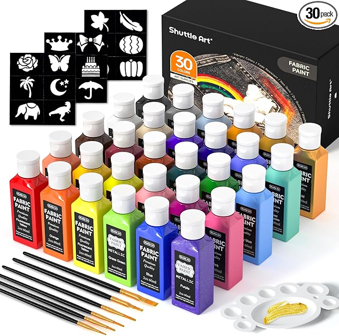 Fabric Paint, Shuttle Art 30 Colors Permanent Soft Fabric Paint in Bottles by ShuttleArt