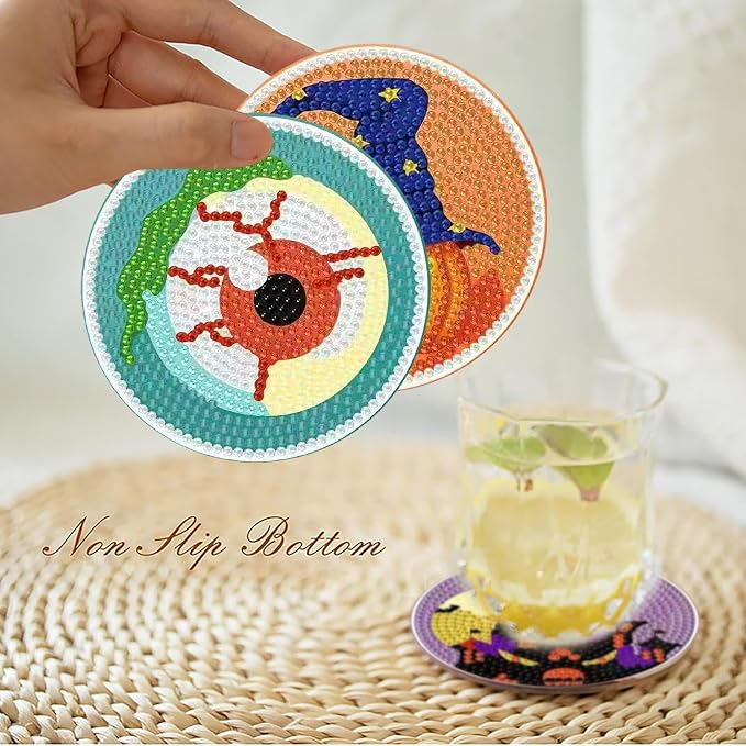 Clendo 8 PCS Halloween Diamond Art Coasters Kits, Cute Diamond Painting Coaster - Image 3