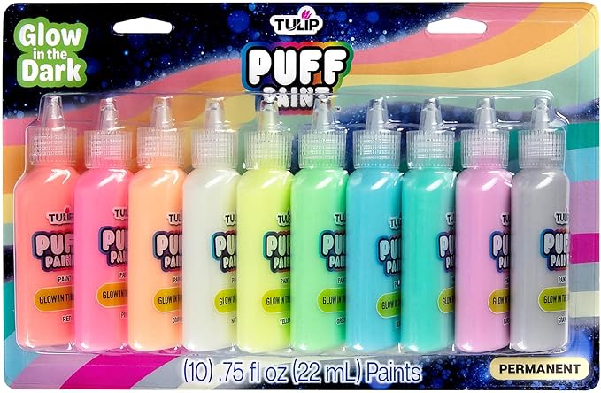 Tulip Puff Paint Glow in the Dark Colors 10-pack, Nontoxic & Waterproof Craft by Tulip