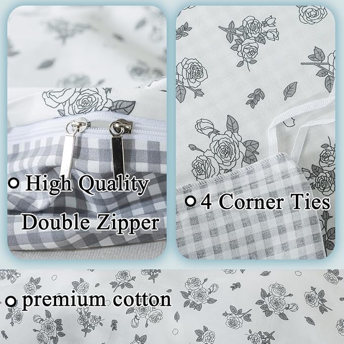 FADFAY Floral Duvet Cover Set Queen Size 100% Cotton Grey White Flower - Image 3