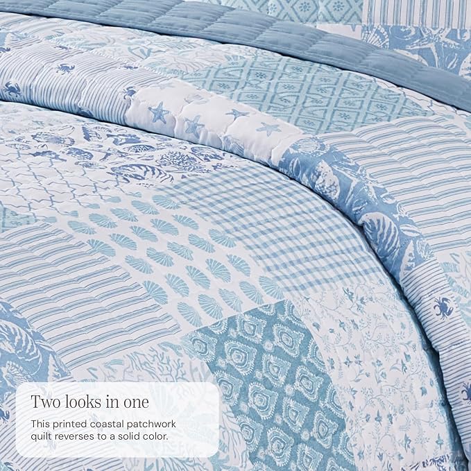 BLOOMHAVEN Quilt Set Twin Size, Patchwork Sea Blue Floral Quilt Sets, - Image 3