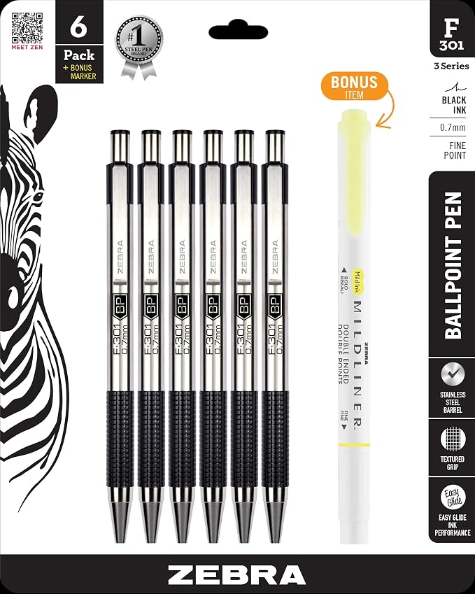 Zebra Pen F-301 Ballpoint Black Ink Fine Point 0.7mm Stainless Steel by ZebraPen