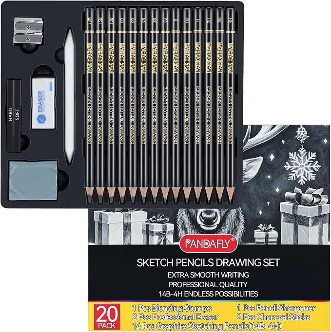 PANDAFLY Drawing Sketching Pencil Set, 20 Piece, 4H-14B Graphite Pencils | Pro by PANDAFLYArtSupplies