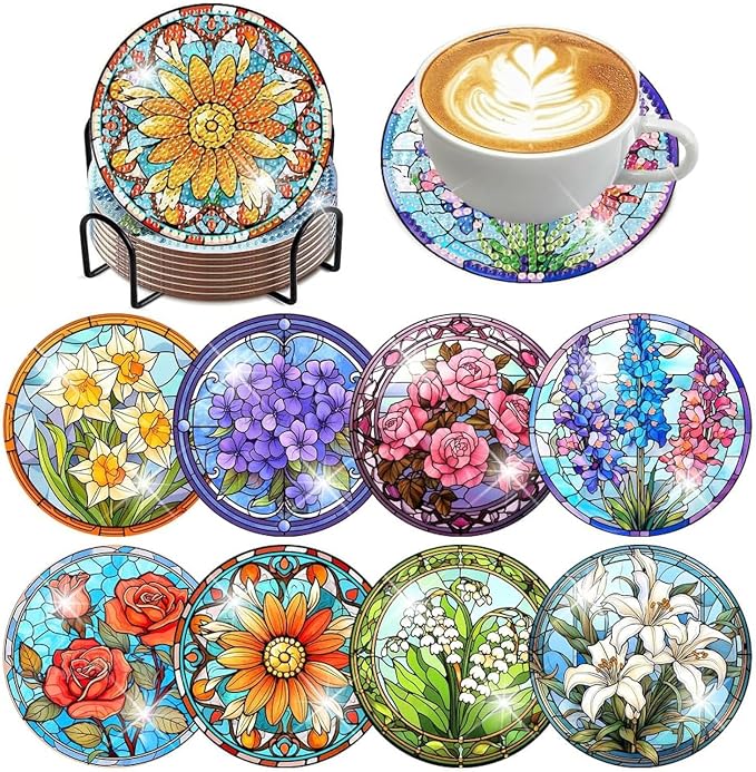 ijbnhd 8 PCS Flowers Diamond Art Coasters | Diamond Painting Coasters Kits by ijbnhd