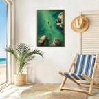 Framed Green Coastal Swim Canvas Wall Art Aerial View of Two Girls Swimming in - Image 3