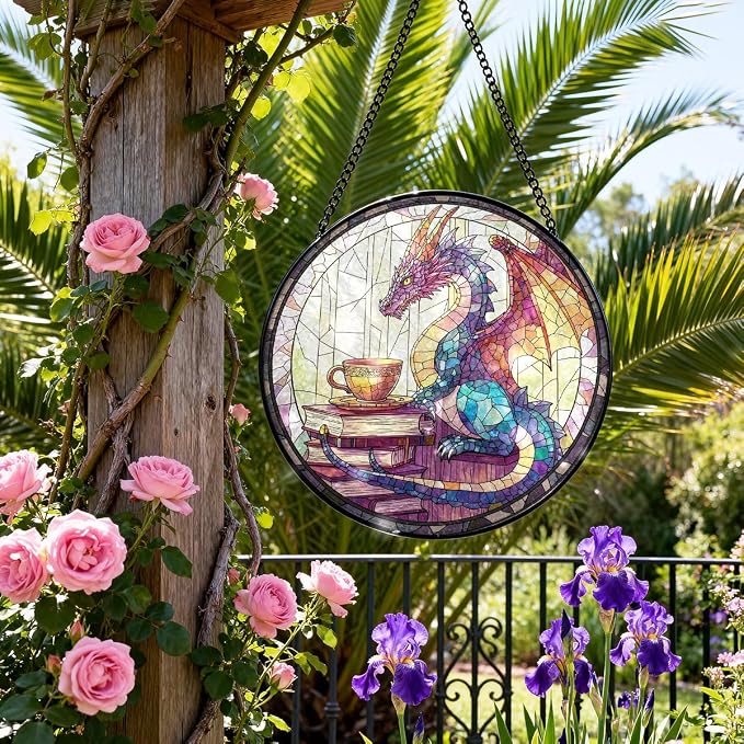 Greatingreat Dragon Stained Glass Window Hanging, Home Room Decor 7.8 Inch Sun - Image 4