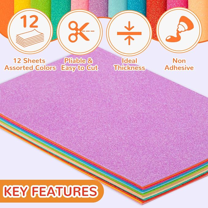 12 Pack Glitter Foam Sheets Craft 8 x 12 inch, 12 Colors | Sparkles Foam Paper - Image 4