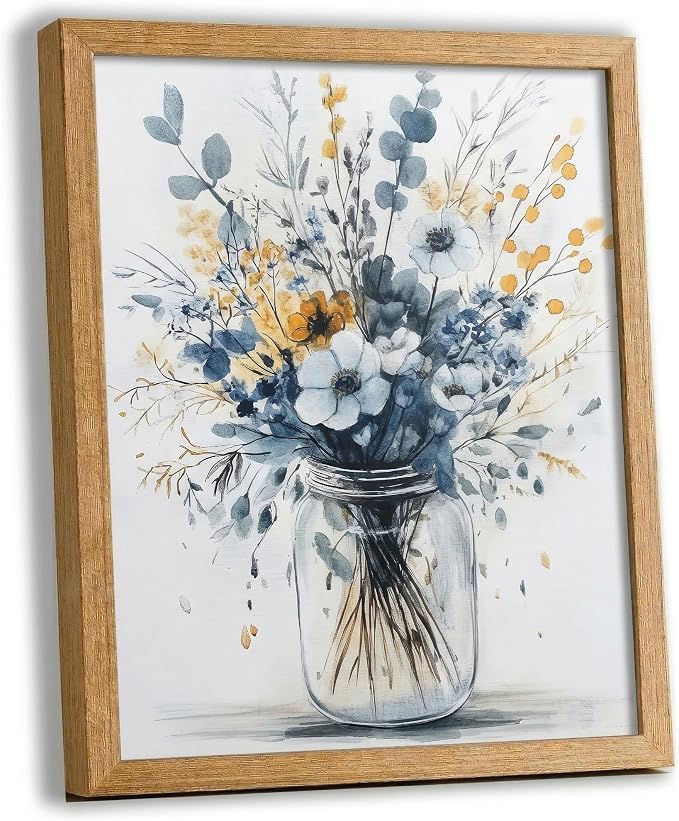 REWBKFIM Navy Blue Floral Canvas Wall Art Watercolor Botanical Bouquet in Mason by Unknown
