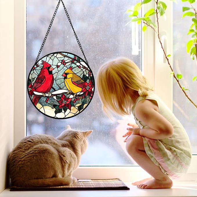 DASTOLL Stained Glass Window Hanging, Love Birds Cardinals Sun Catchers - Image 2
