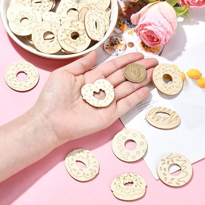100 Pcs Unfinished Wood Cutouts Donut Wooden Shapes Dessert Wood Crafts - Image 4