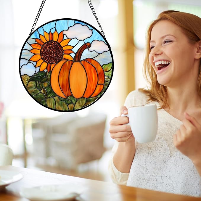 DASTOLL Stained Glass Window Hanging Fall Farm Scenery Sunflower Pumpkin 7.8" - Image 4