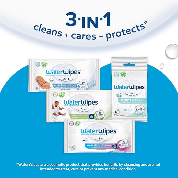 WaterWipes Sensitive+ Baby & Toddler Wipes, 3-In-1 Cleans, Cares, Protects, 99.9% Water, Textured Clean, Unscented & Hypoallergenic, 60 Count (1 Pack)