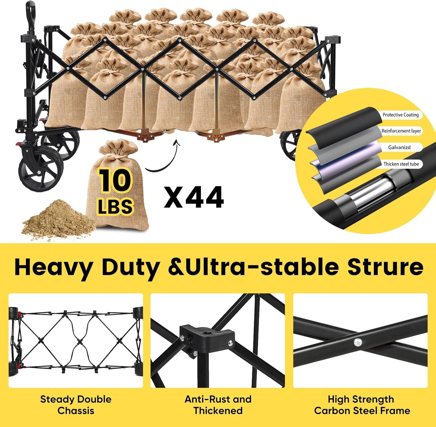 Sekey 48''L Collapsible Foldable Extended Wagon with 440lbs Weight Capacity, Heavy Duty 300L Folding Utility Garden Cart with Big All-Terrain Beach Wheels & Drink Holders. Blue&Grey