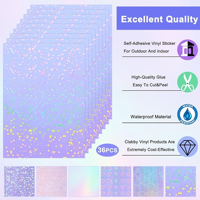 Clabby 36 Sheets Holographic Sticker Paper A4 Vinyl Holographic Laminate Sheets - Image 5