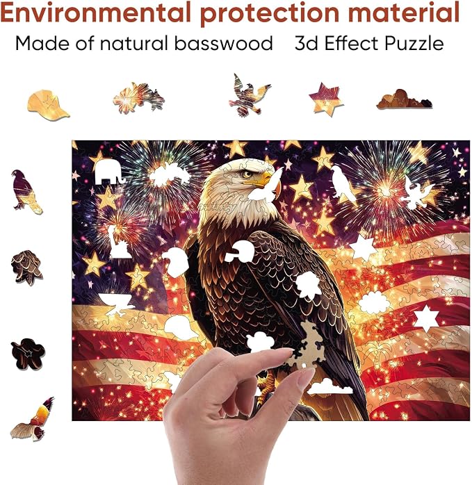 Reouinty Wooden Jigsaw Puzzle for Adults, Eagle Flag Wood Puzzles for Patriot - Image 7