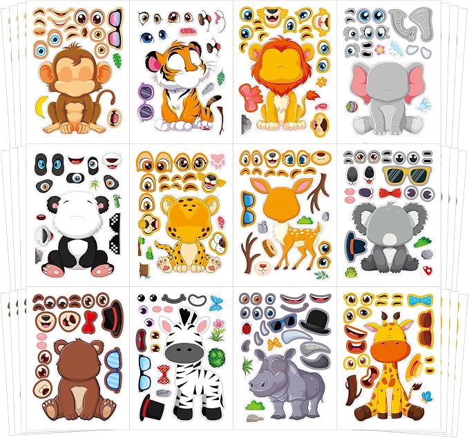48 Sheets Create Funny Safari Animals Stickers, Make a Face Stickers by Cosomia