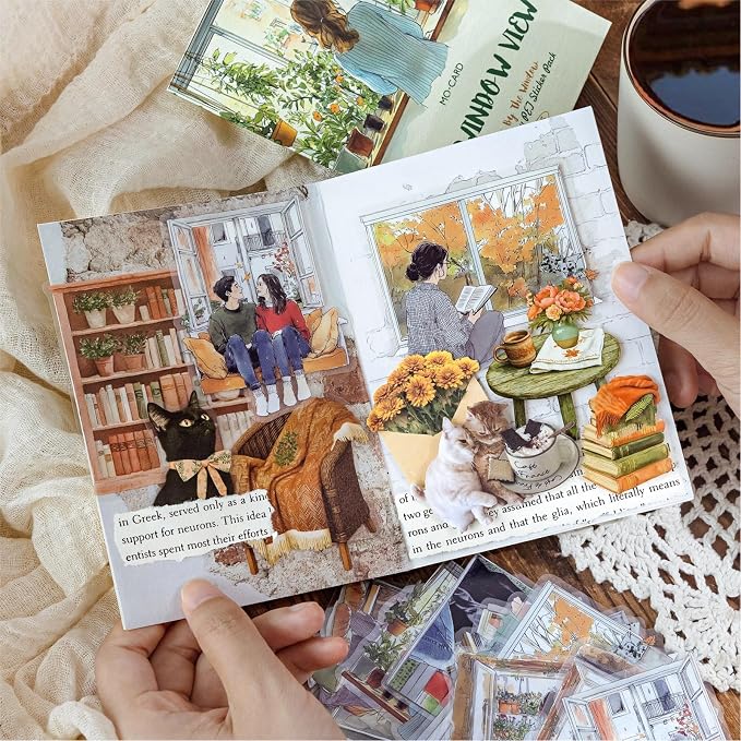 120PCS Watercolor Window PET Stickers – Scenic Views of Cats, Flowers & Cozy - Image 6