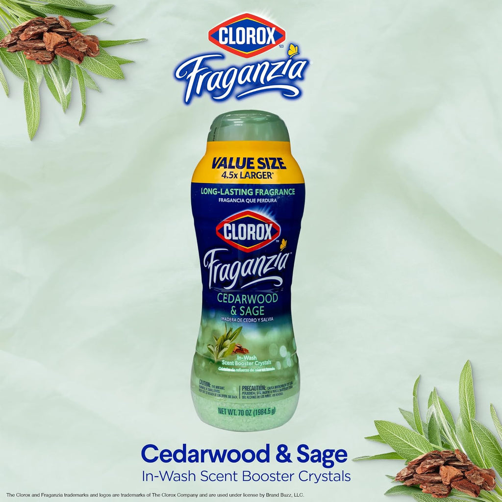 Clorox Fraganzia Laundry Scent Booster Crystals in Cedarwood & Sage Scent - Scented In-Wash Freshener Beads for Fresh, Clean, Great Smelling Clothes and Linens, 70 Oz