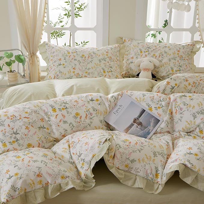 mixinni 100% Cotton Duvet Cover Set Twin XL, Reversible Spring Floral Ruffle - Image 3