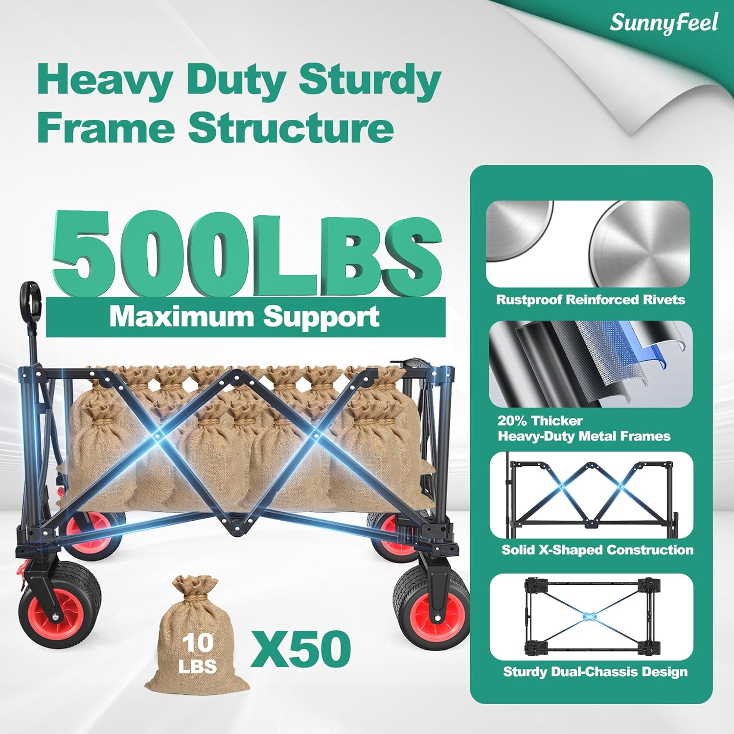 SUNNYFEEL Heavy Duty Collapsible Outdoor Utility Wagon Cart 500LB Capacity Adjustable Handlebar,Foldable Beach Wheels Stable Durable Oxford Fabric for Shopping Garden Camping (Red, Tall Version)