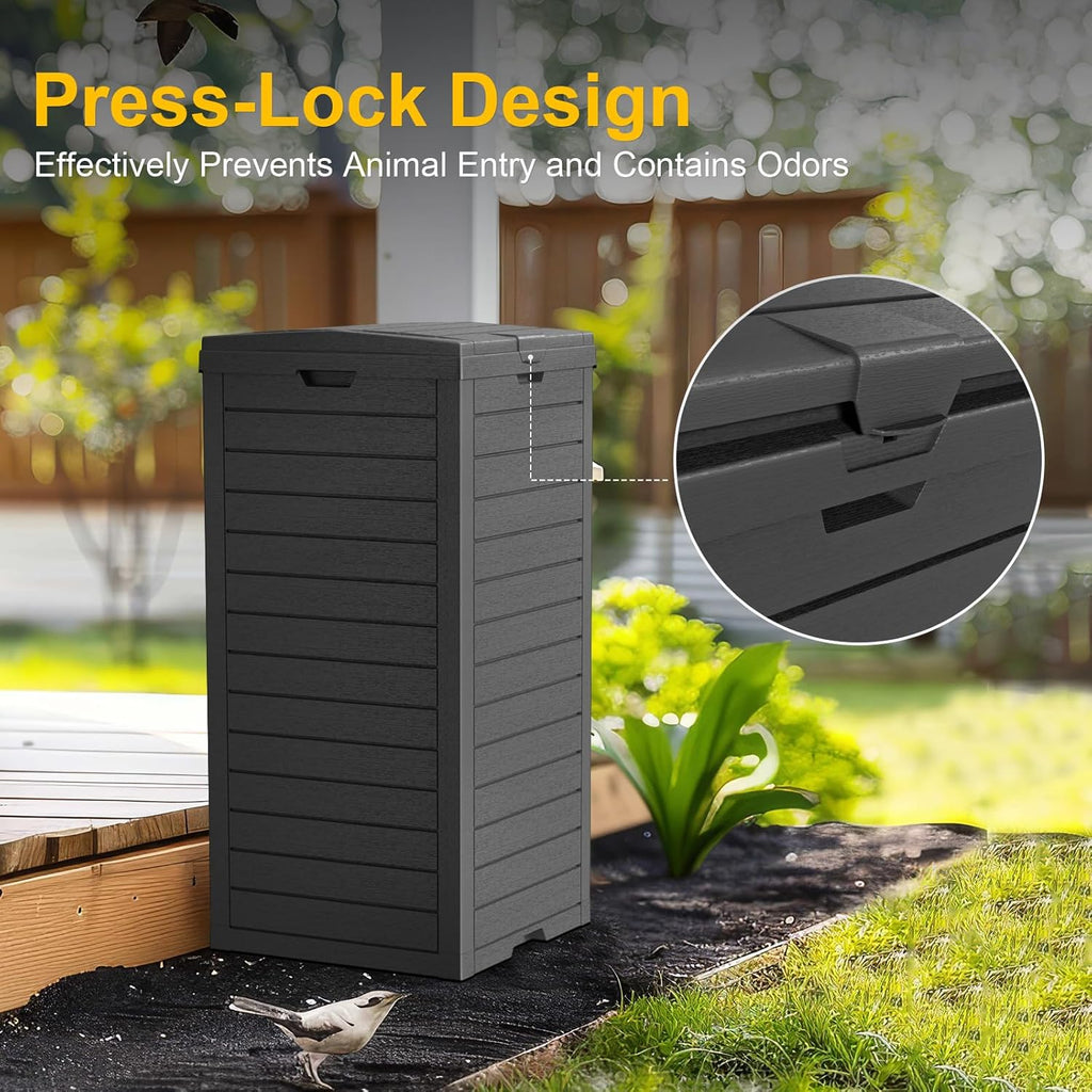 31 Gallon Outdoor Trash Can with Tiered Lid and Drip Tray,Waterproof Resin Waste Bin Indoor,Durable,Stylish,Lightweight Garbage Bin for Patio,Kitchen,Backyard and Office(Black)