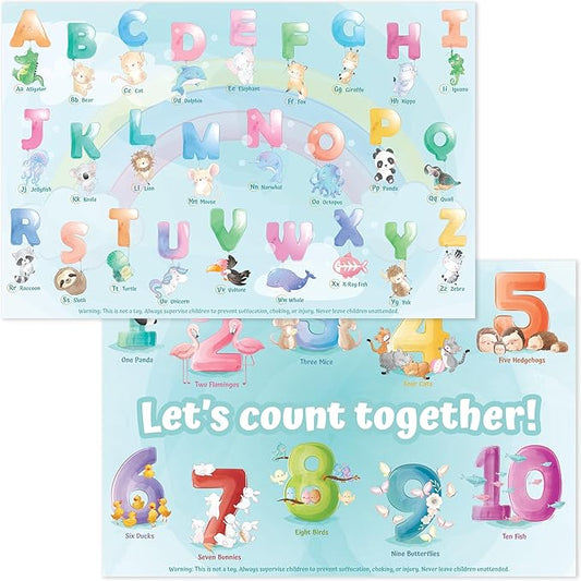 Disposable Placemats for Baby, Toddlers and Kids, 40 Disposable Baby Placemats for Restaurant, Dining Table & Travel, Learning Placemats for Kids, Toddler Travel Essential, Animals ABC & Numbers