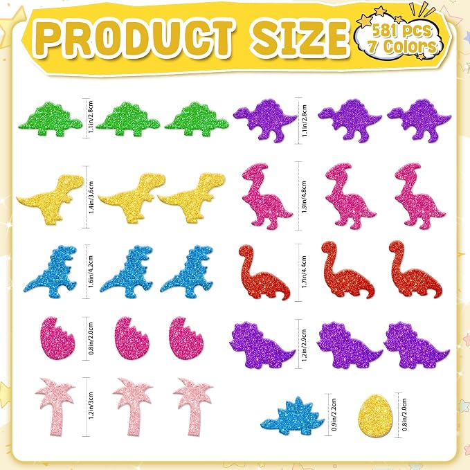 Foam Stickers, 7 Sheets 3D Glitter Foam Dinosaur Stickers - Image 2