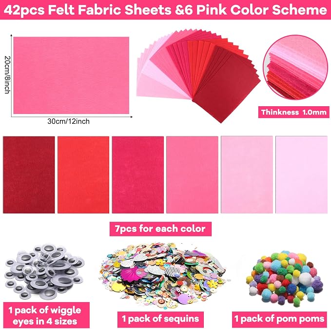 gisgfim 42Pcs Valentine's Day Pink Felt Fabric Sheets Craft Kit 8 x 12 Inch - Image 2